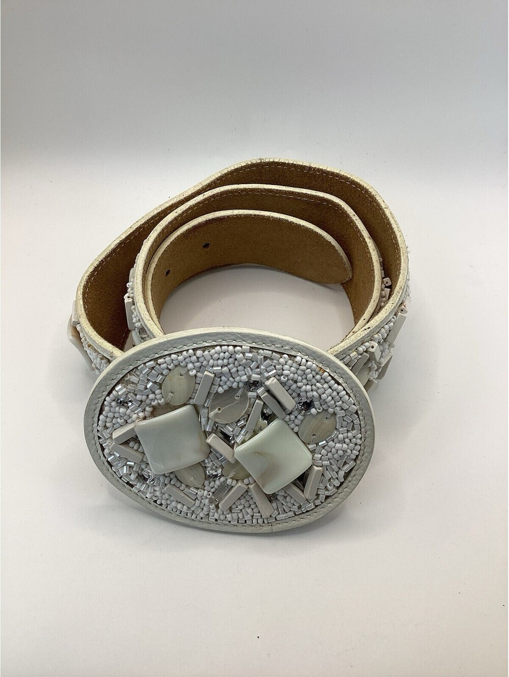Vintage White Leather Beaded Mother Of Pearl Shell Statement Belt Size 34